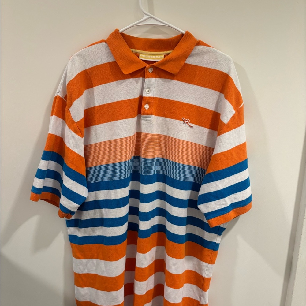 Vintage Rocawear Striped Orange and Blue Men's Polo Shirt size XL